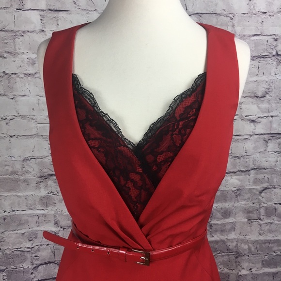 Red Eccoci Career Dress with Black Lace V Plunge - Picture 3 of 8